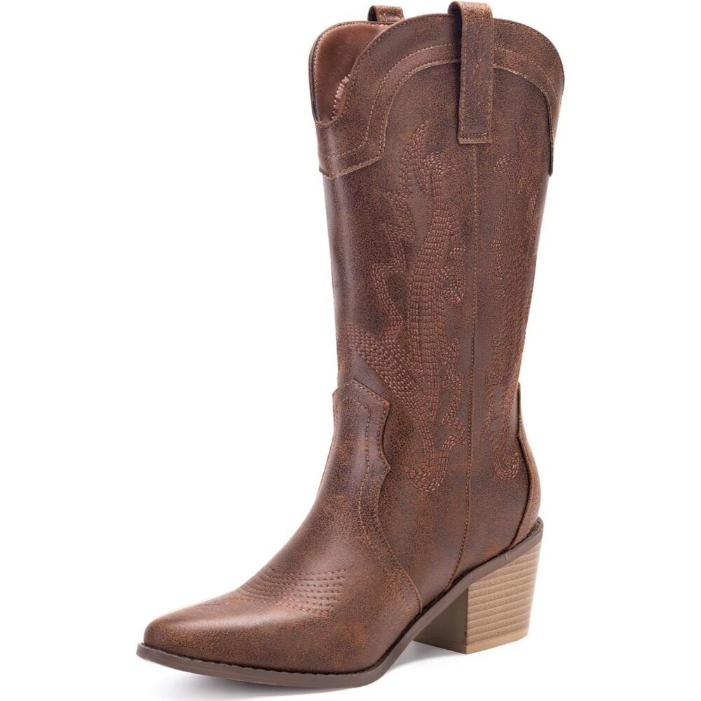 Women's Vintage Brown Pointed Toe Western Boots Embroidered Mid-calf Block Heel - Picture 1 of 7